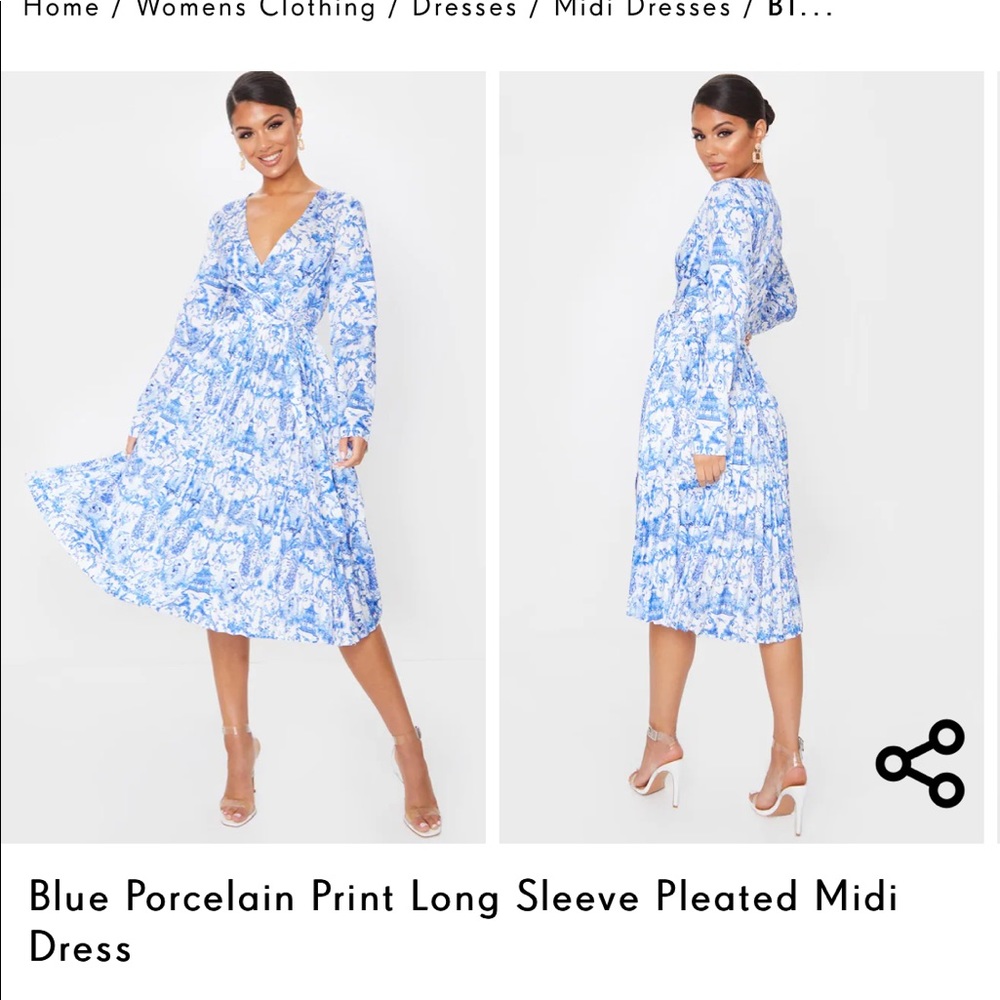 Blue Porcelain Print Long Sleeve Pleated Midi Dress